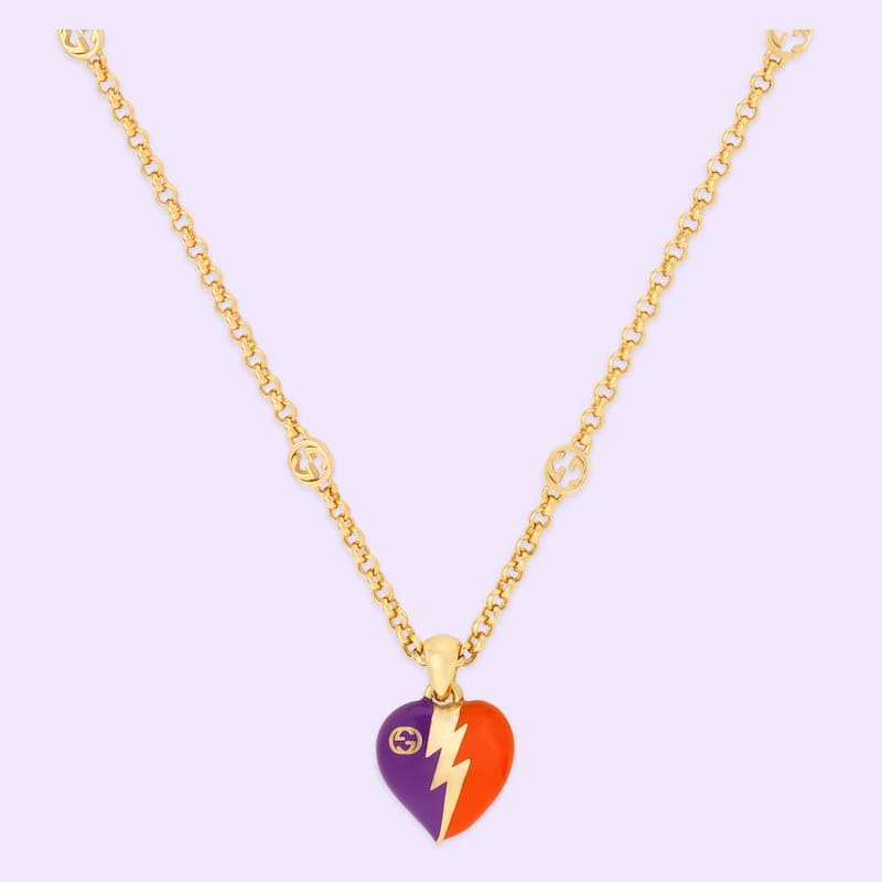 Gucci Double Interlocking Gucci Heart Lightning Charm 18K Gold Necklace