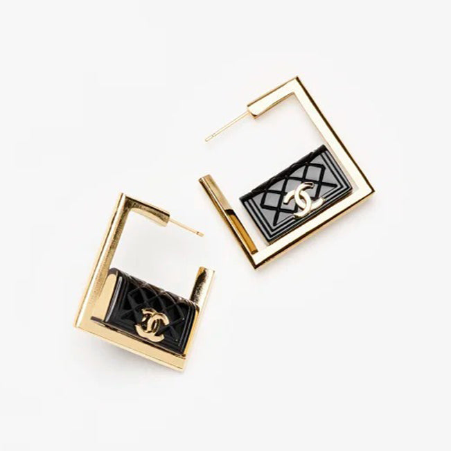 Chanel Black Bag Hoop 18K Gold Earrings