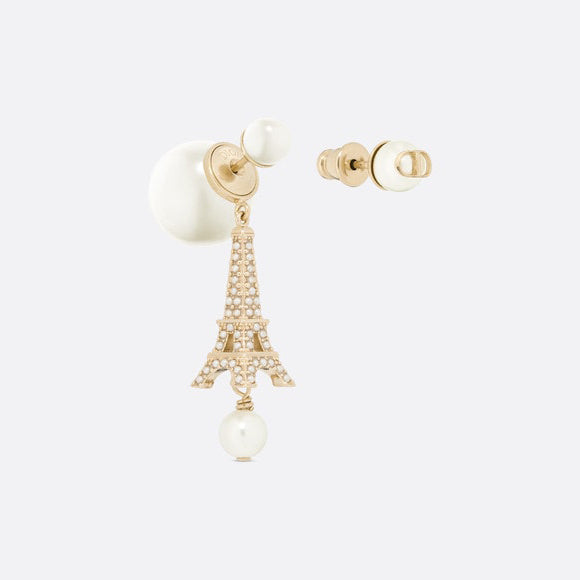 Dior Tribales Eiffel Tower Charm White Pearls 18K Gold Earrings