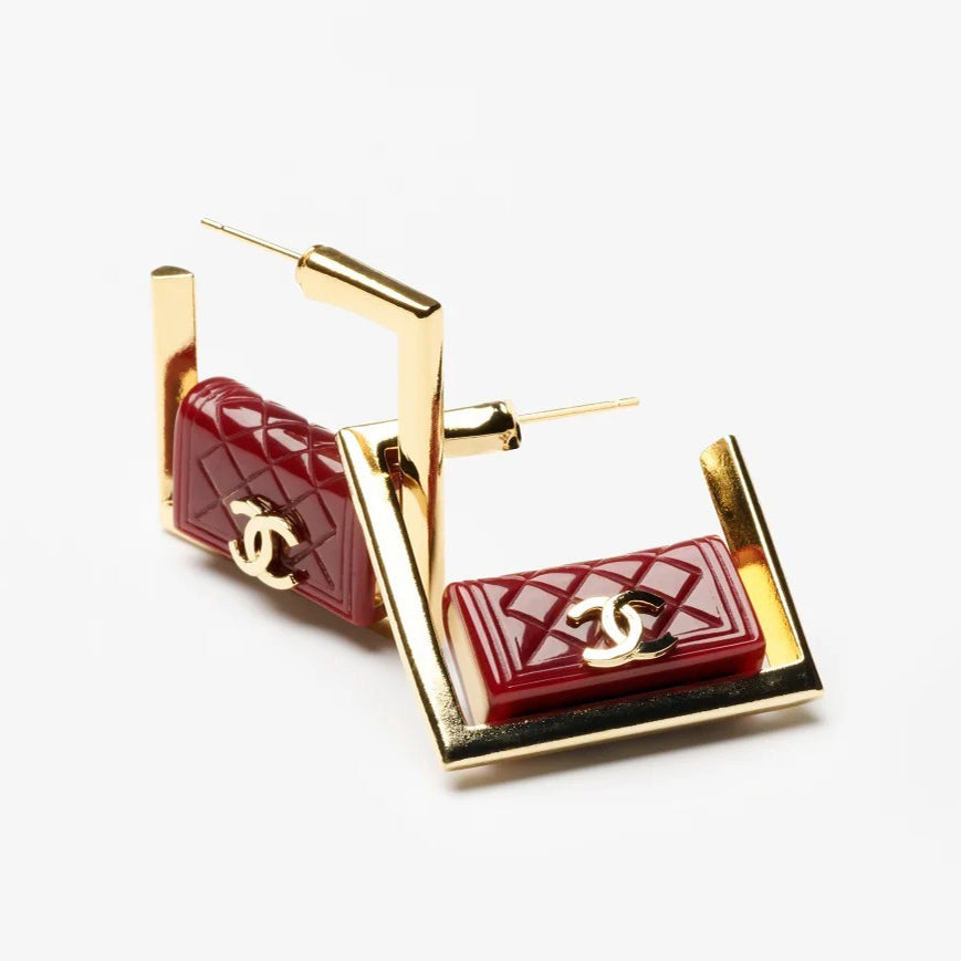 Chanel Red Bag Hoop 18K Gold Earrings