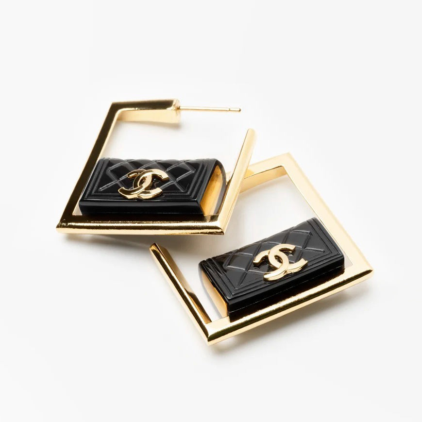 Chanel Black Bag Hoop 18K Gold Earrings