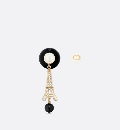 Dior Tribales Eiffel Tower Charm Black Pearls 18K Gold Earrings