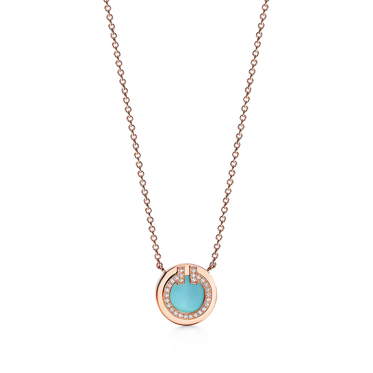 Tiffany Diamond & Turquoise Circle Pendant 18K Gold Necklace