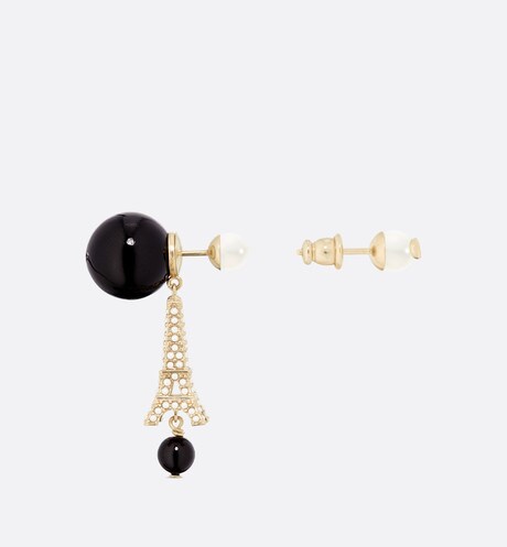 Dior Tribales Eiffel Tower Charm Black Pearls 18K Gold Earrings