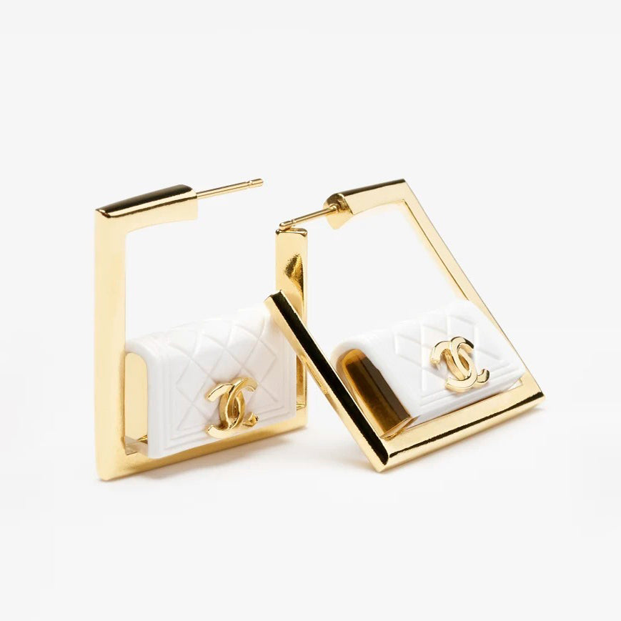 Chanel White Bag Hoop 18K Gold Earrings