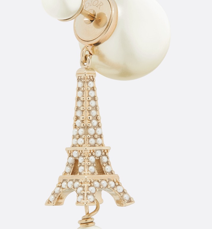 Dior Tribales Eiffel Tower Charm White Pearls 18K Gold Earrings