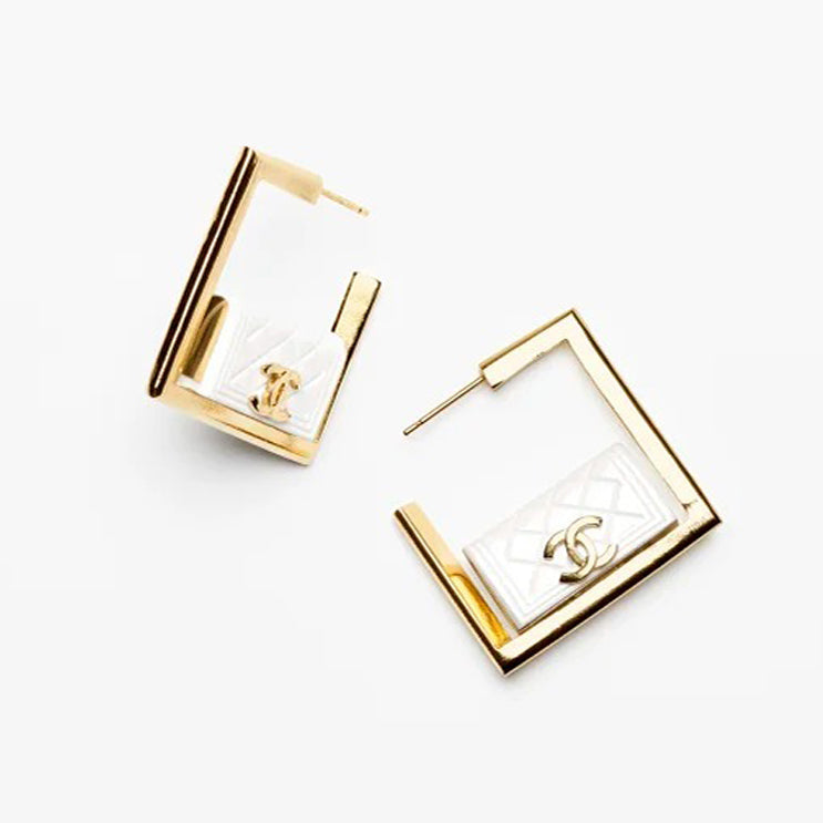Chanel White Bag Hoop 18K Gold Earrings