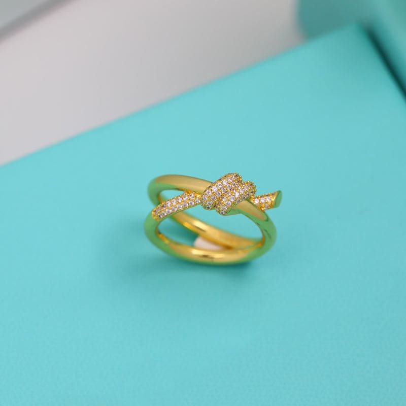 Knot Double Row Diamonds 18K Yellow Gold Ring