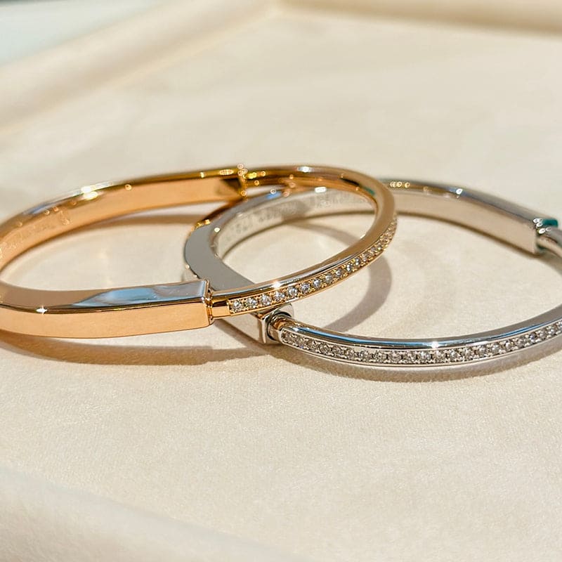 Tiffany Lock Bangle Half Pave Diamonds 18K Gold Bracelet