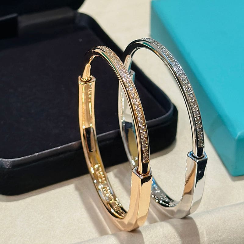 Tiffany Lock Bangle Half Pave Diamonds 18K Gold Bracelet