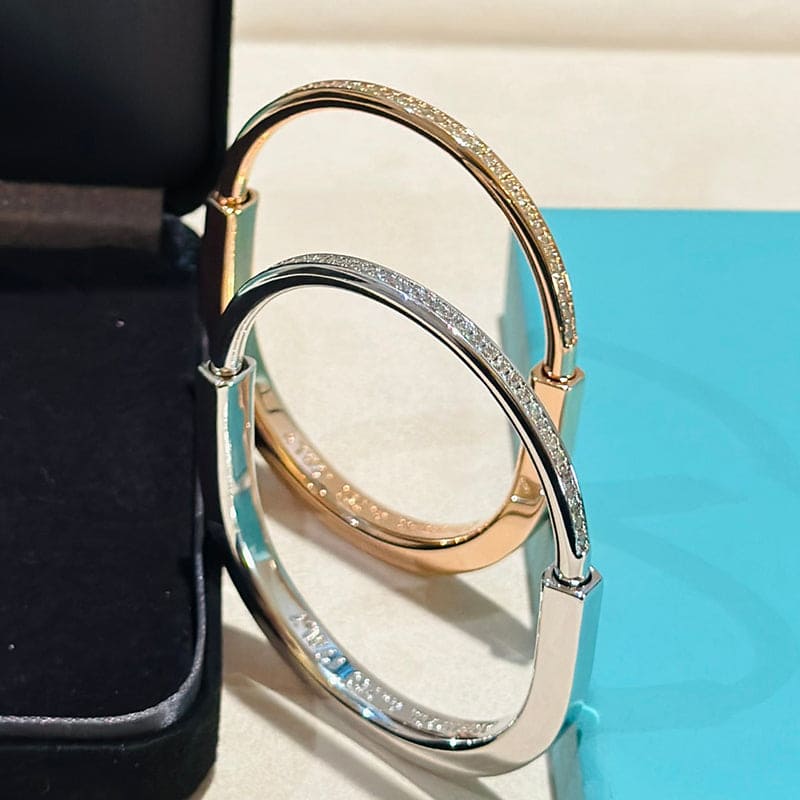 Tiffany Lock Bangle Half Pave Diamonds 18K Gold Bracelet
