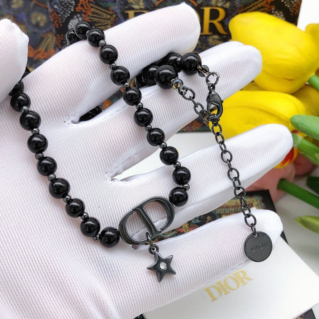 Dior Black Crystal Beads 18K Gold Necklace