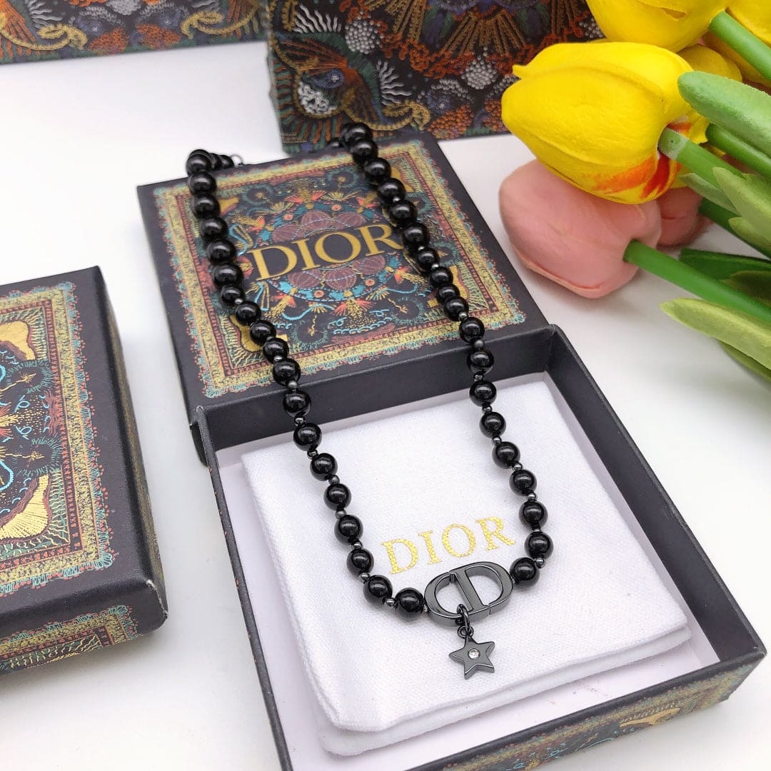 Dior Black Crystal Beads 18K Gold Necklace
