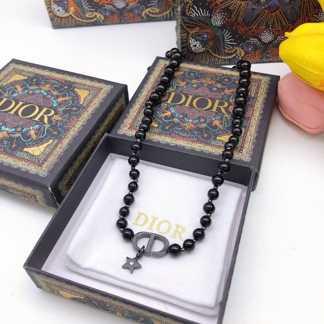 Dior Black Crystal Beads 18K Gold Necklace