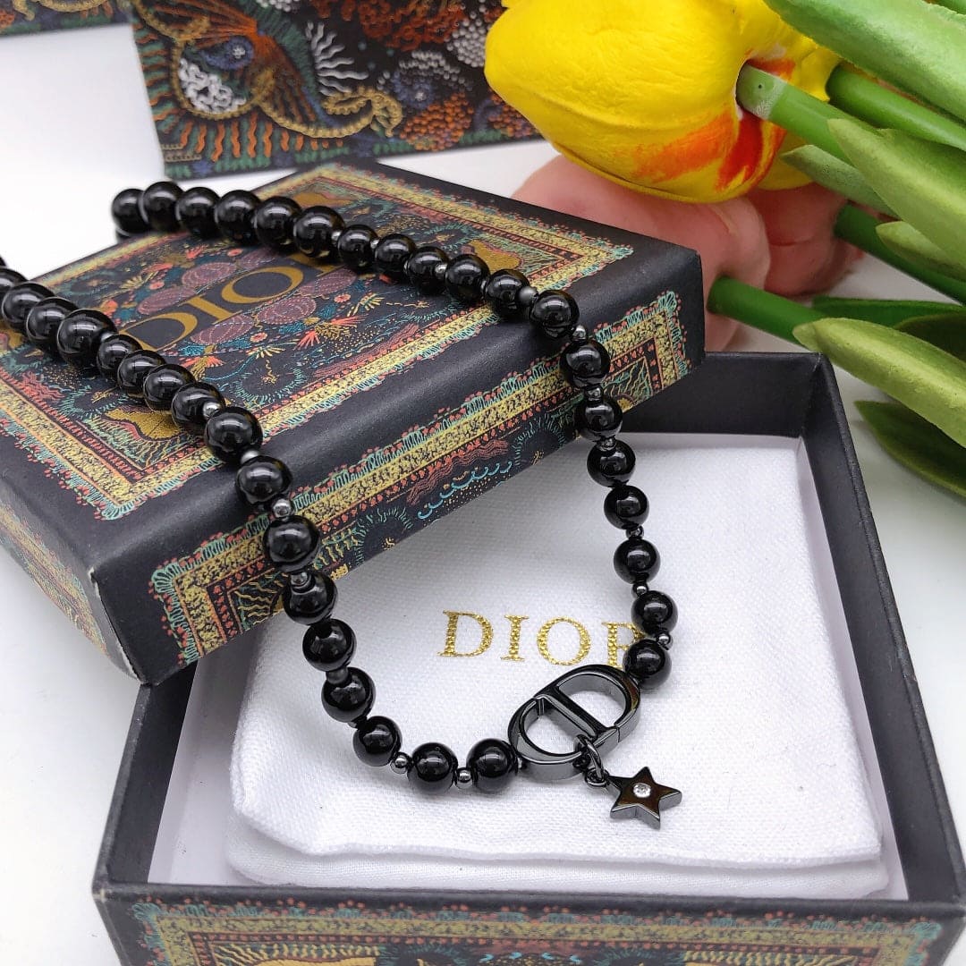 Dior Black Crystal Beads 18K Gold Necklace