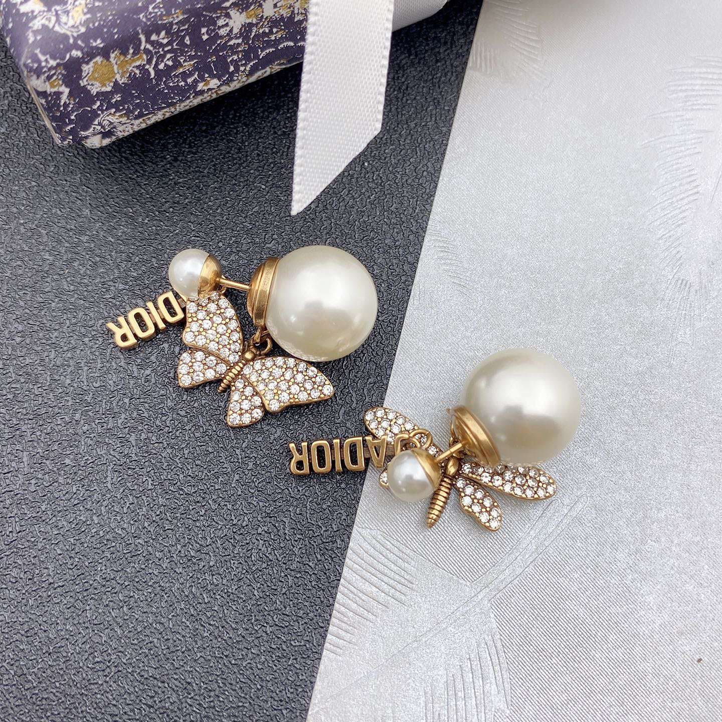 Dior Dragonfly/ Butterfly Pearl 18K Gold Earrings
