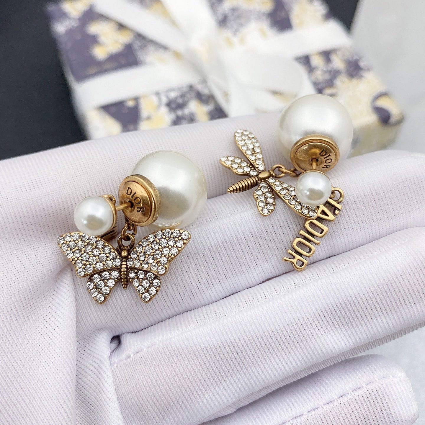 Dior Dragonfly/ Butterfly Pearl 18K Gold Earrings