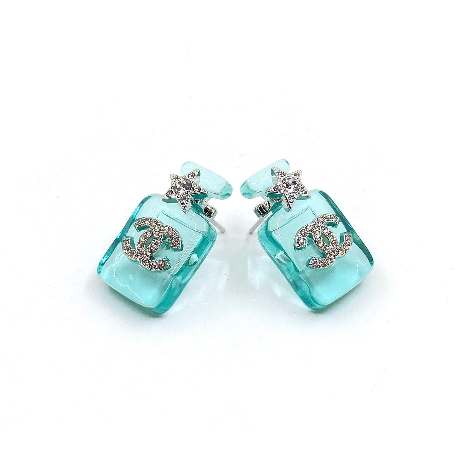 Chanel Perfume Blue Bottle 18K Gold Earrings