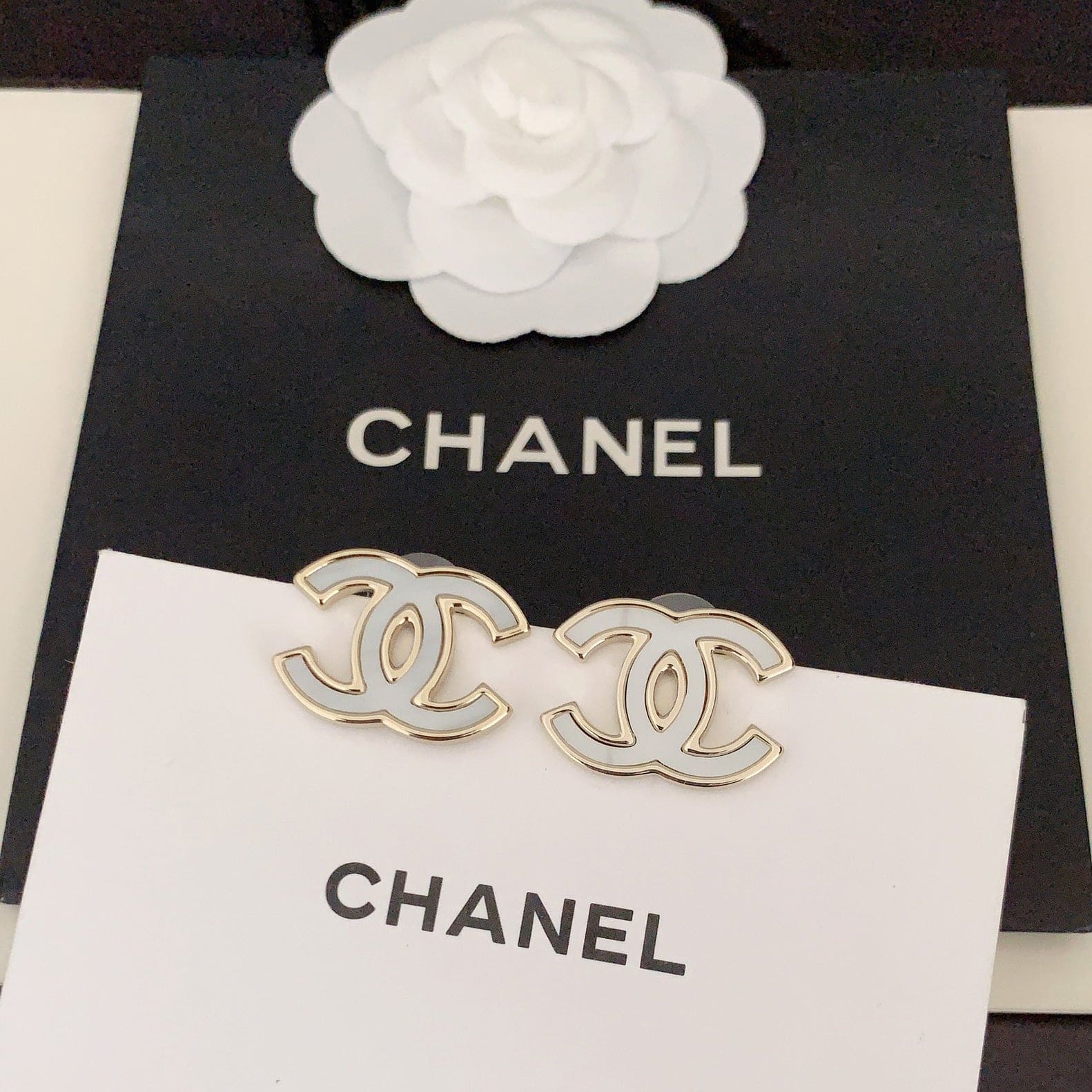Chanel Black & White 18K Gold Earrings