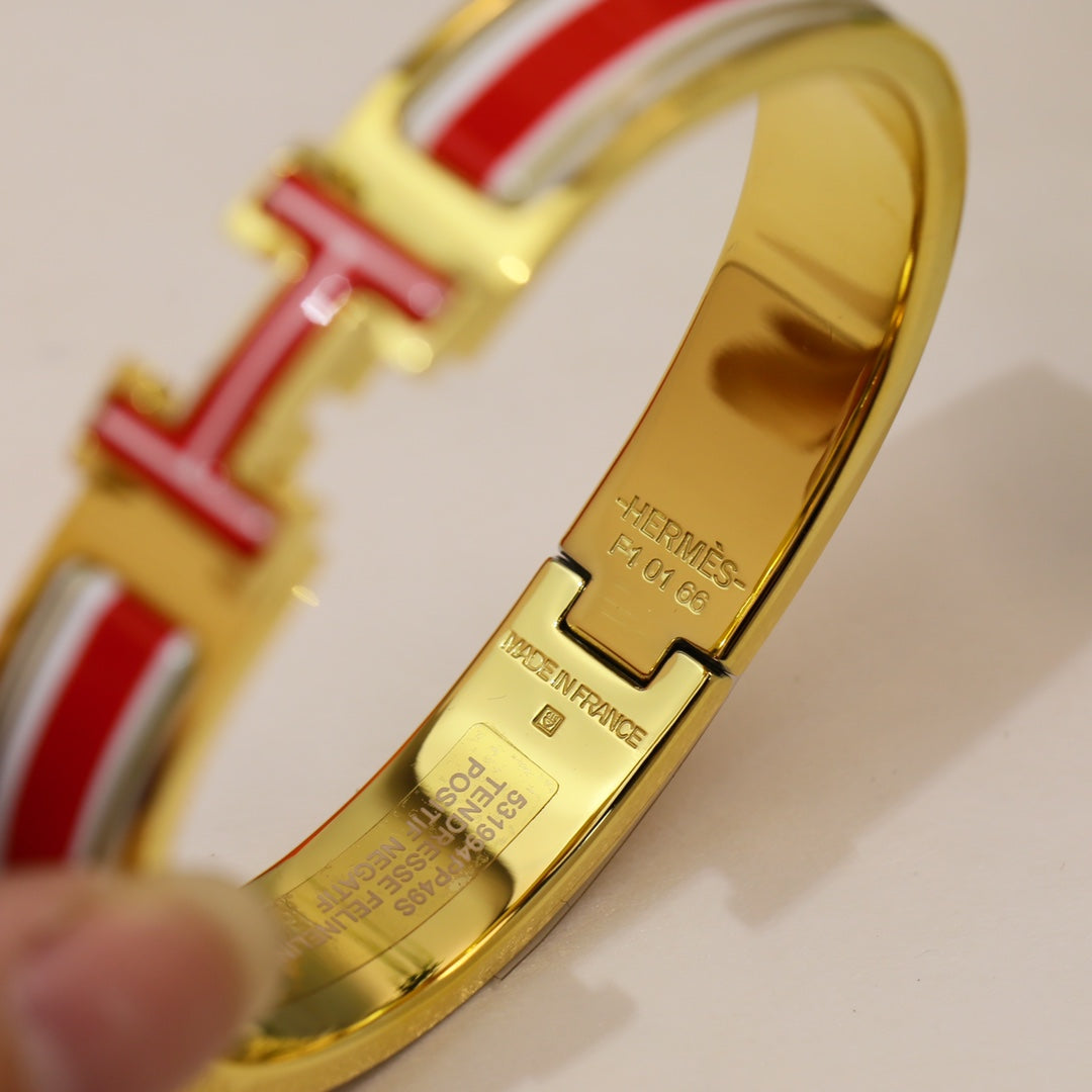 Hermes Clic Red & White 18K Gold Bracelet