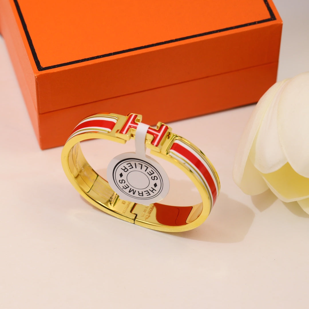 Hermes Clic Red & White 18K Gold Bracelet
