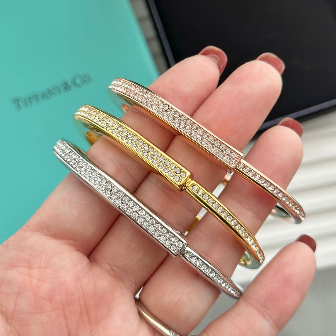 Tiffany Lock Bangle Full Pave Diamonds 18K Gold Bracelet