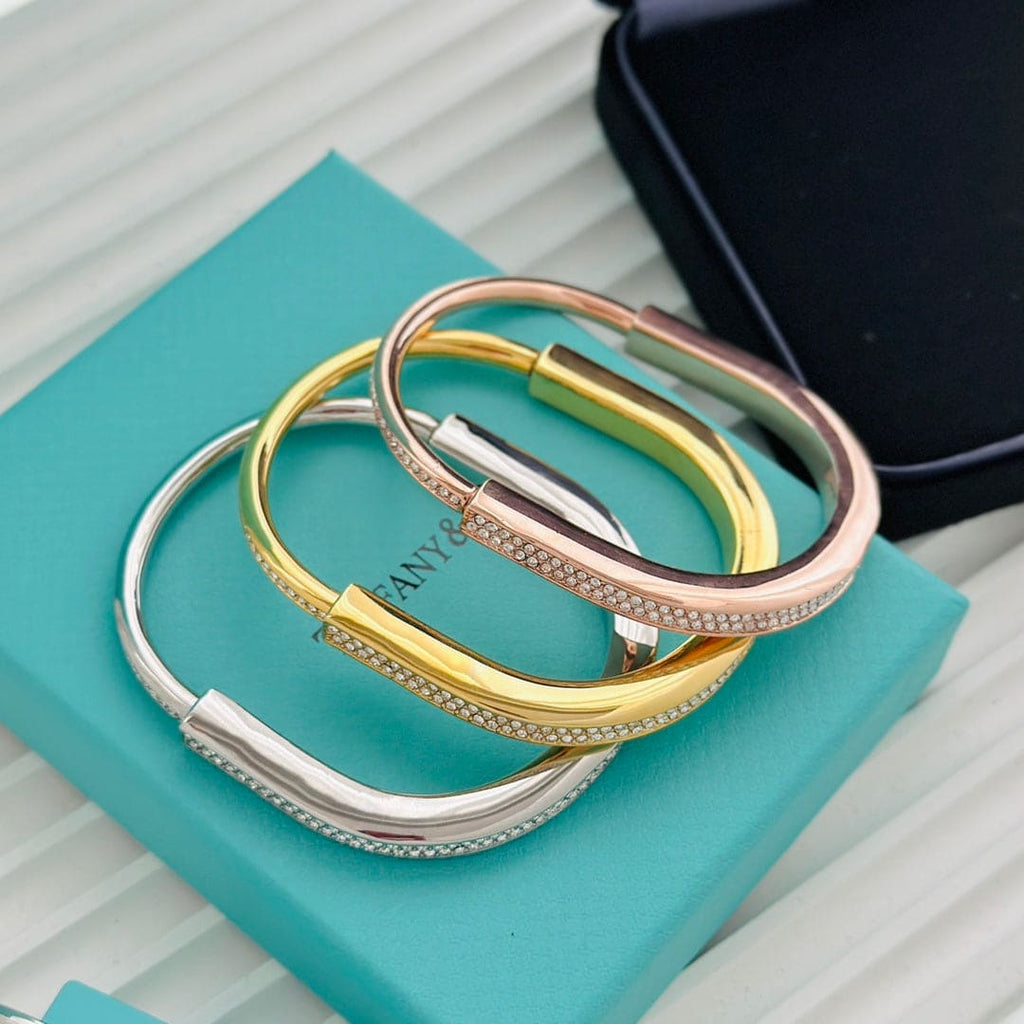Tiffany Lock Bangle Full Pave Diamonds 18K Gold Bracelet