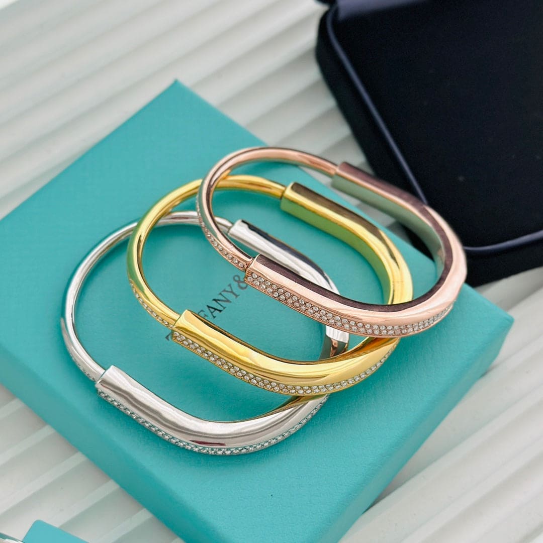 Tiffany Lock Bangle Full Pave Diamonds 18K Gold Bracelet