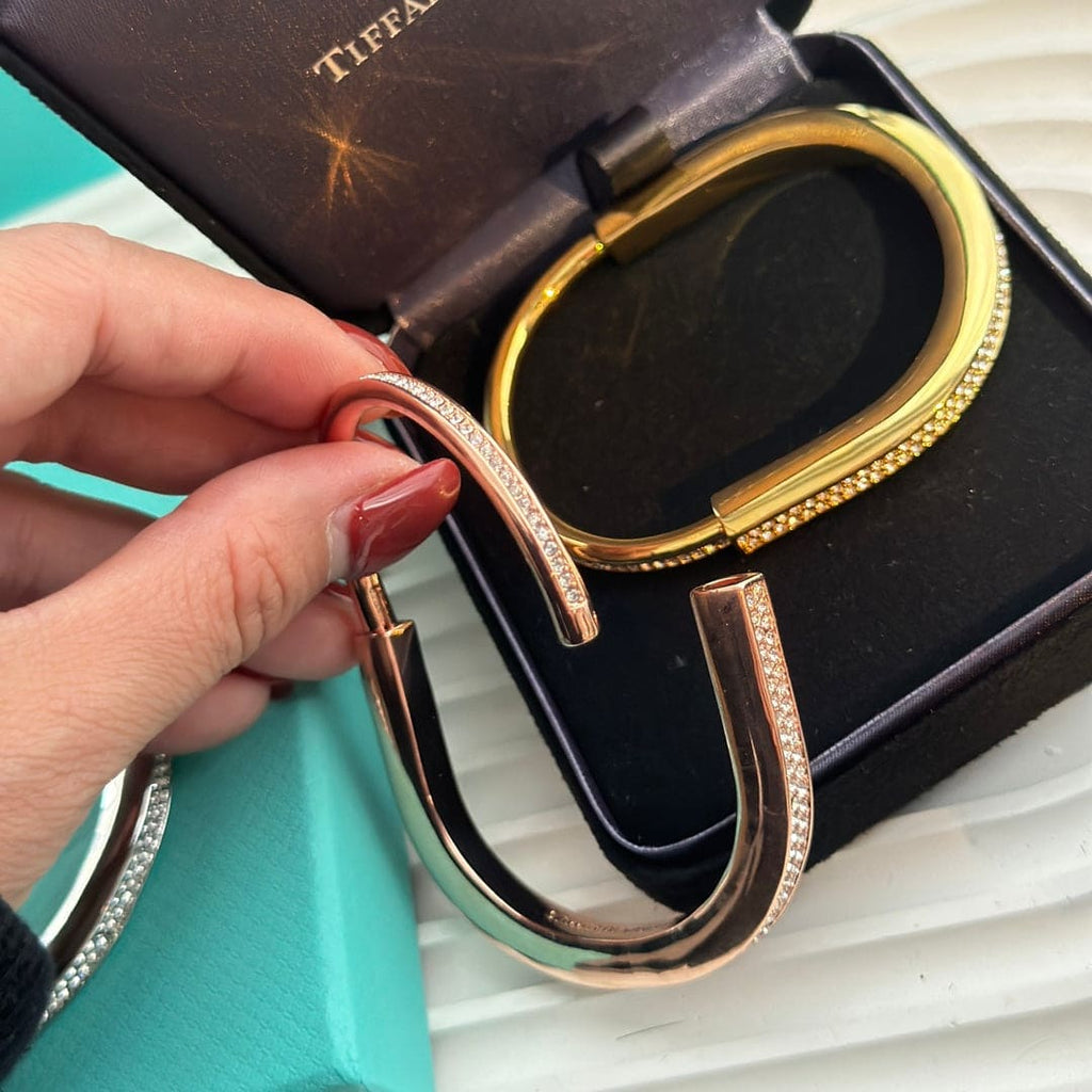 Tiffany Lock Bangle Full Pave Diamonds 18K Gold Bracelet