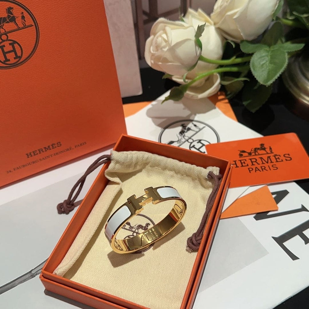 Hermes White Clic 18K Gold Bracelet