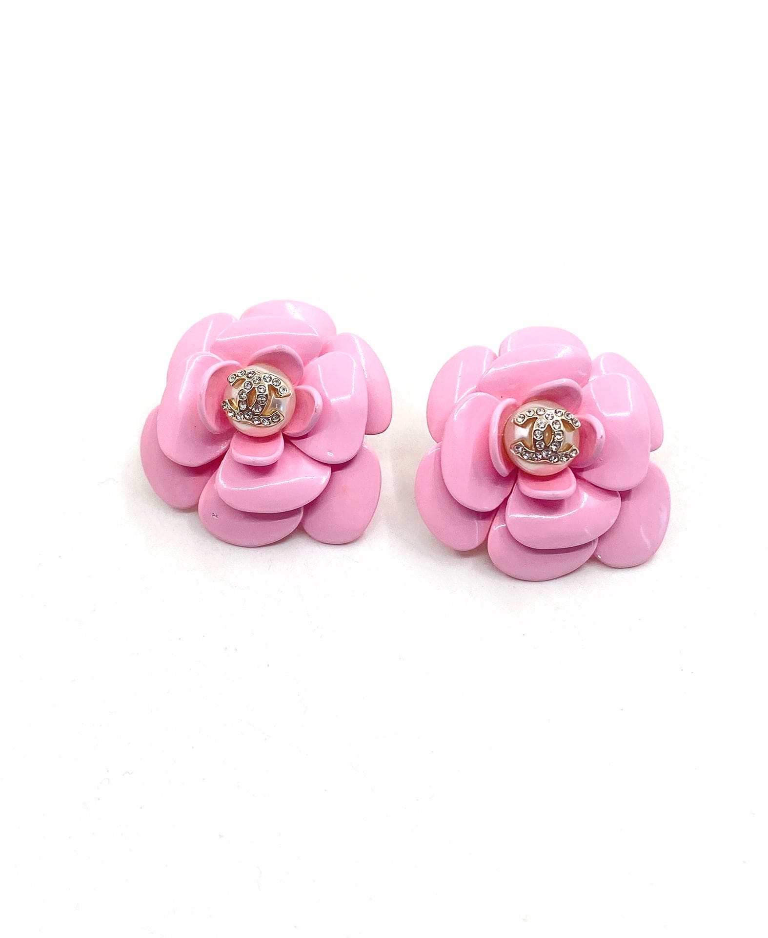 Chanel Pink Camellia Resin 18K Gold Earrings