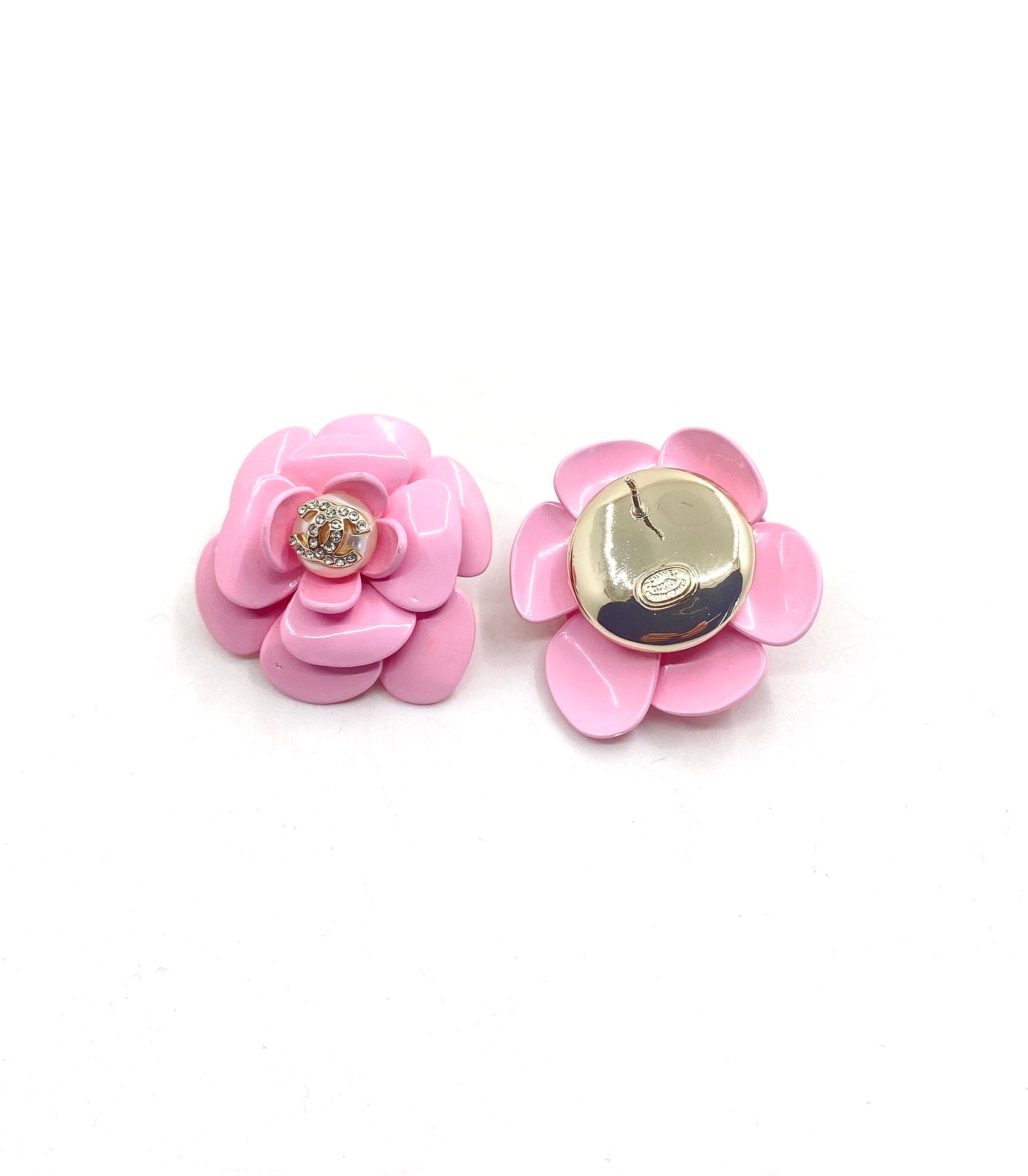 Chanel Pink Camellia Resin 18K Gold Earrings