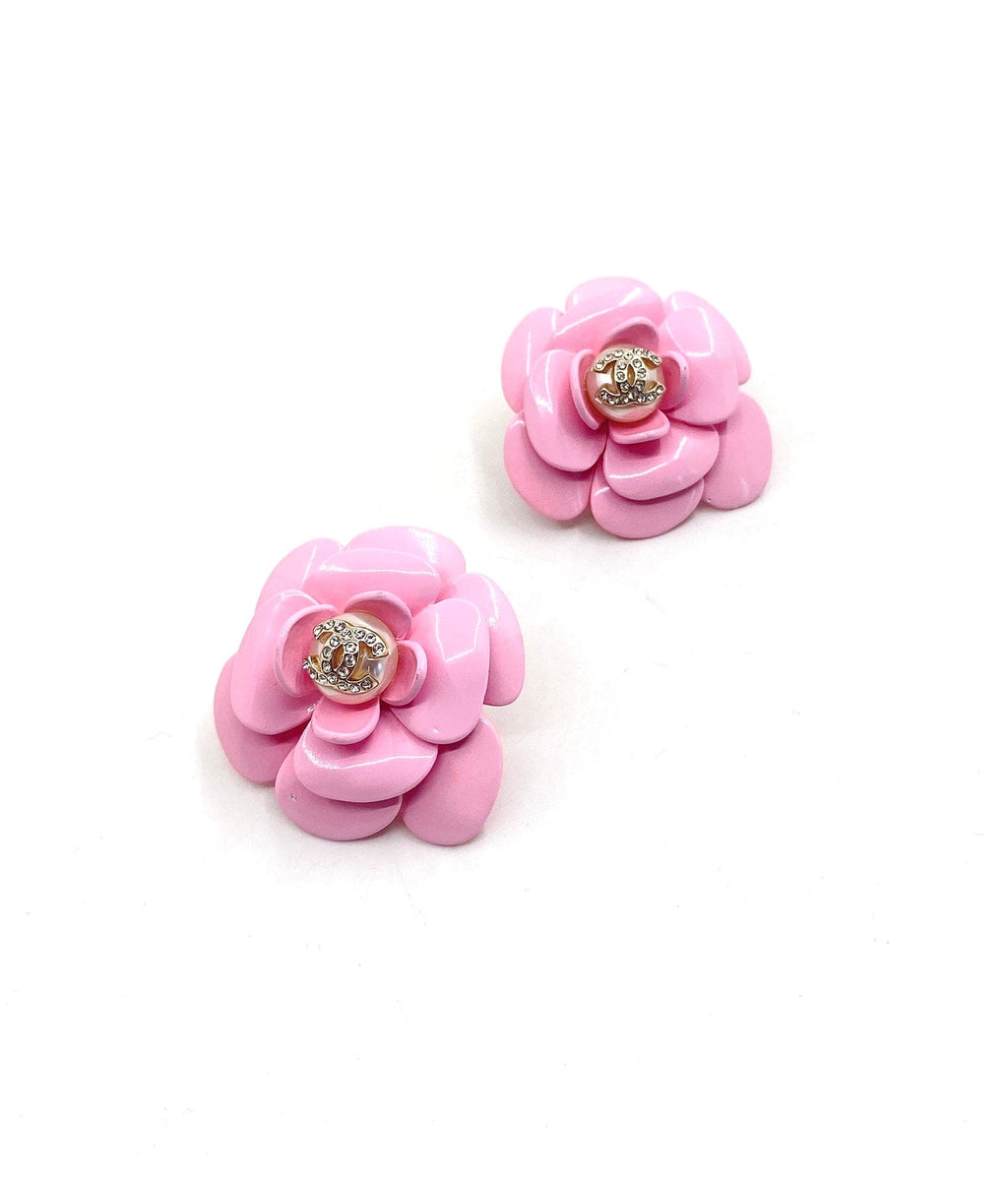 Chanel Pink Camellia Resin 18K Gold Earrings