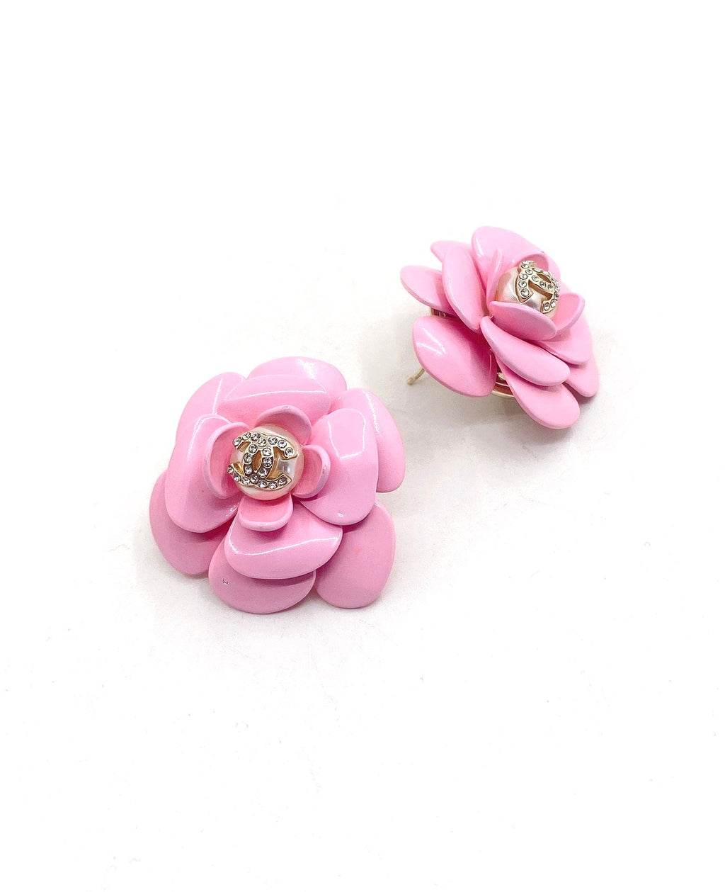 Chanel Pink Camellia Resin 18K Gold Earrings