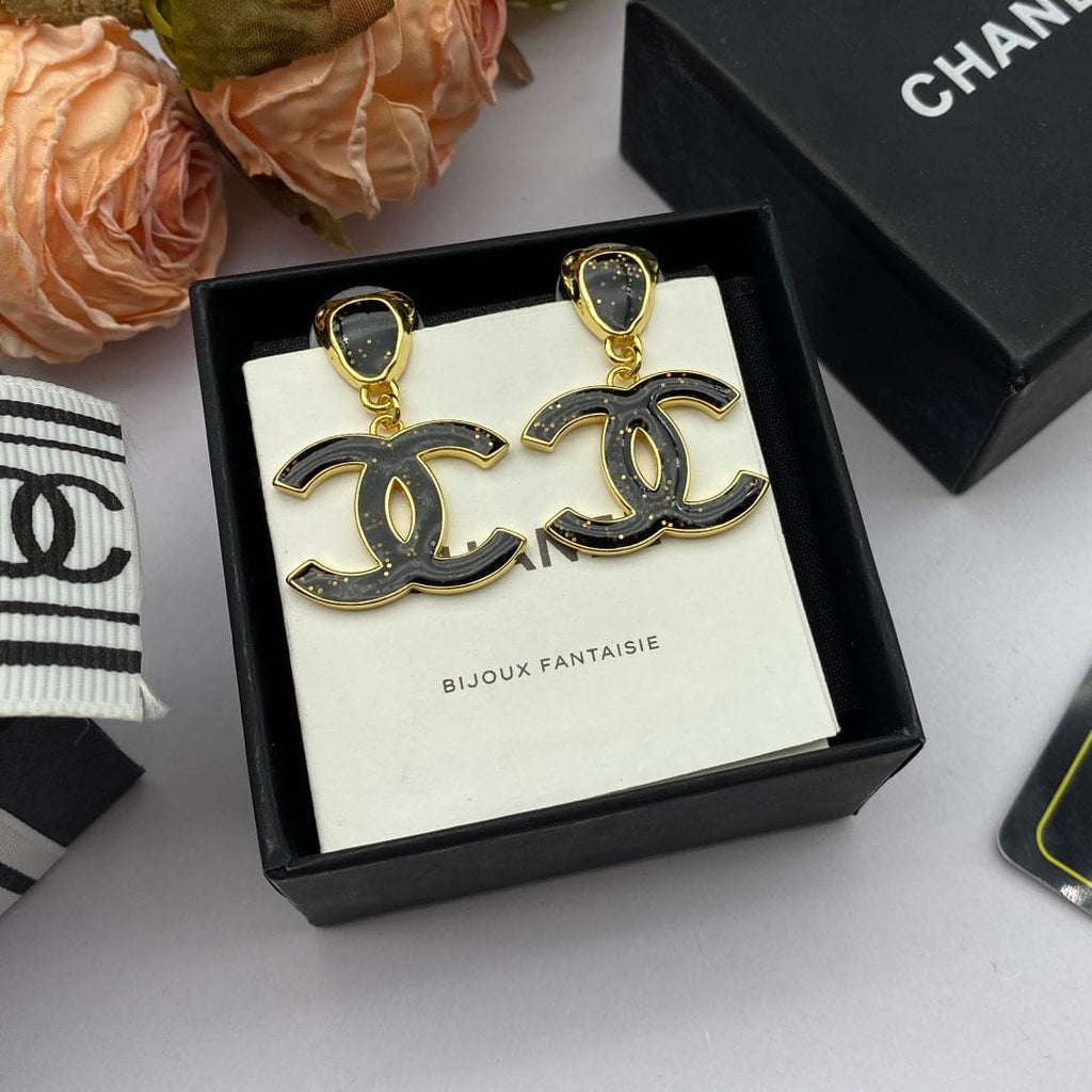 Chanel Classic Black Dangle 18K Gold Earrings
