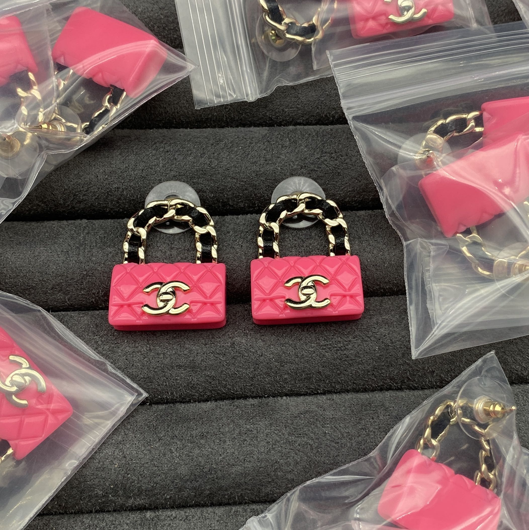 Chanel Classic Pink Bag 18K Gold Earrings