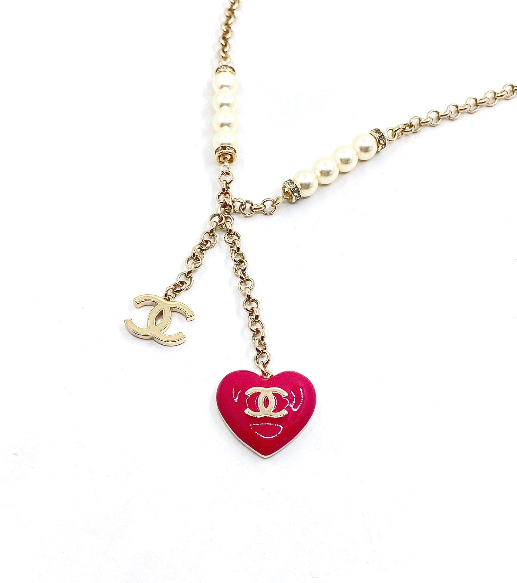 Chanel Pink Heart Diamonds 18K Gold Necklace