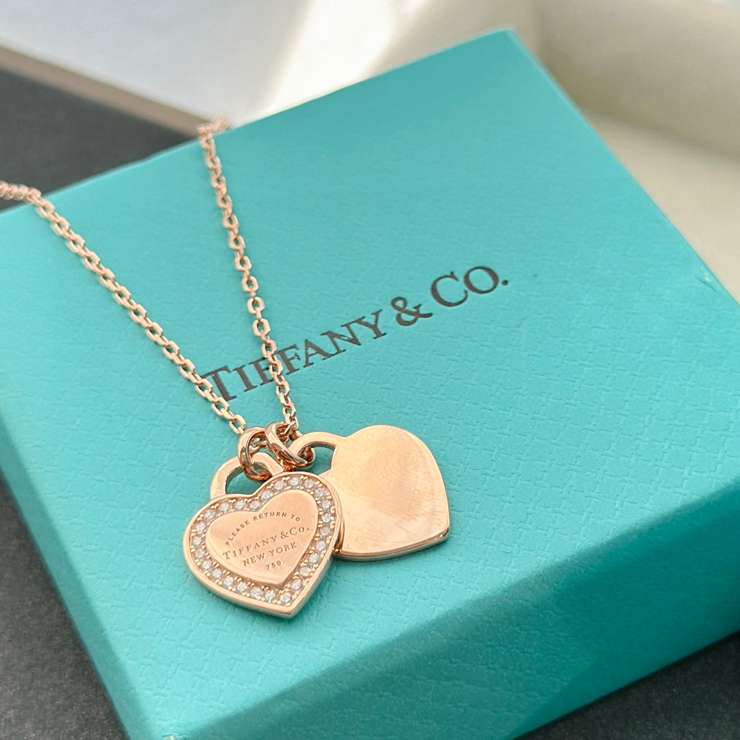 Tiffany Red Double Heart Diamond 18K Gold Necklace