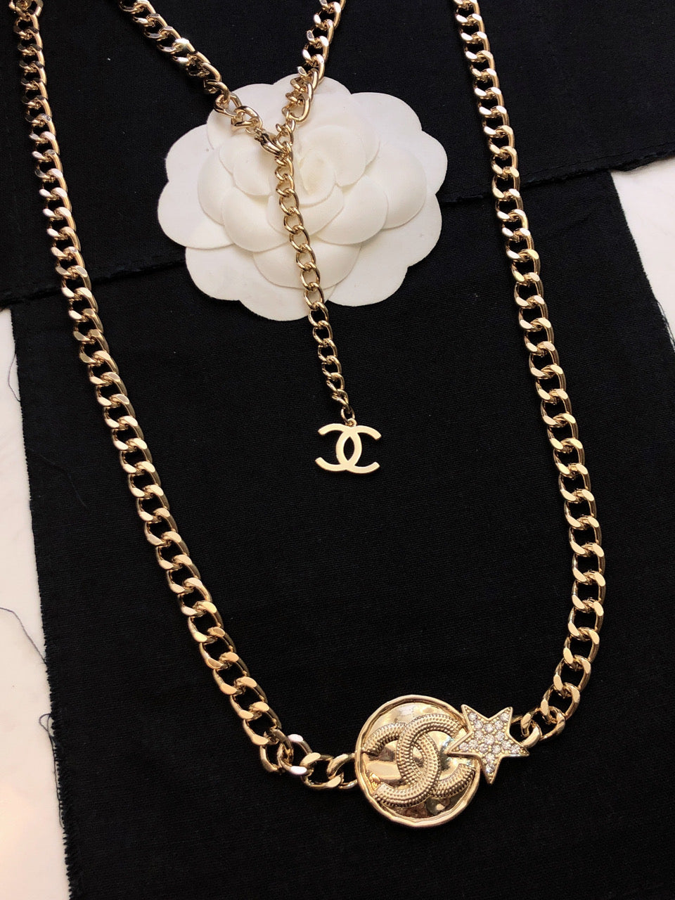 Chanel Rhinestone Star Chain 18K Gold Necklace