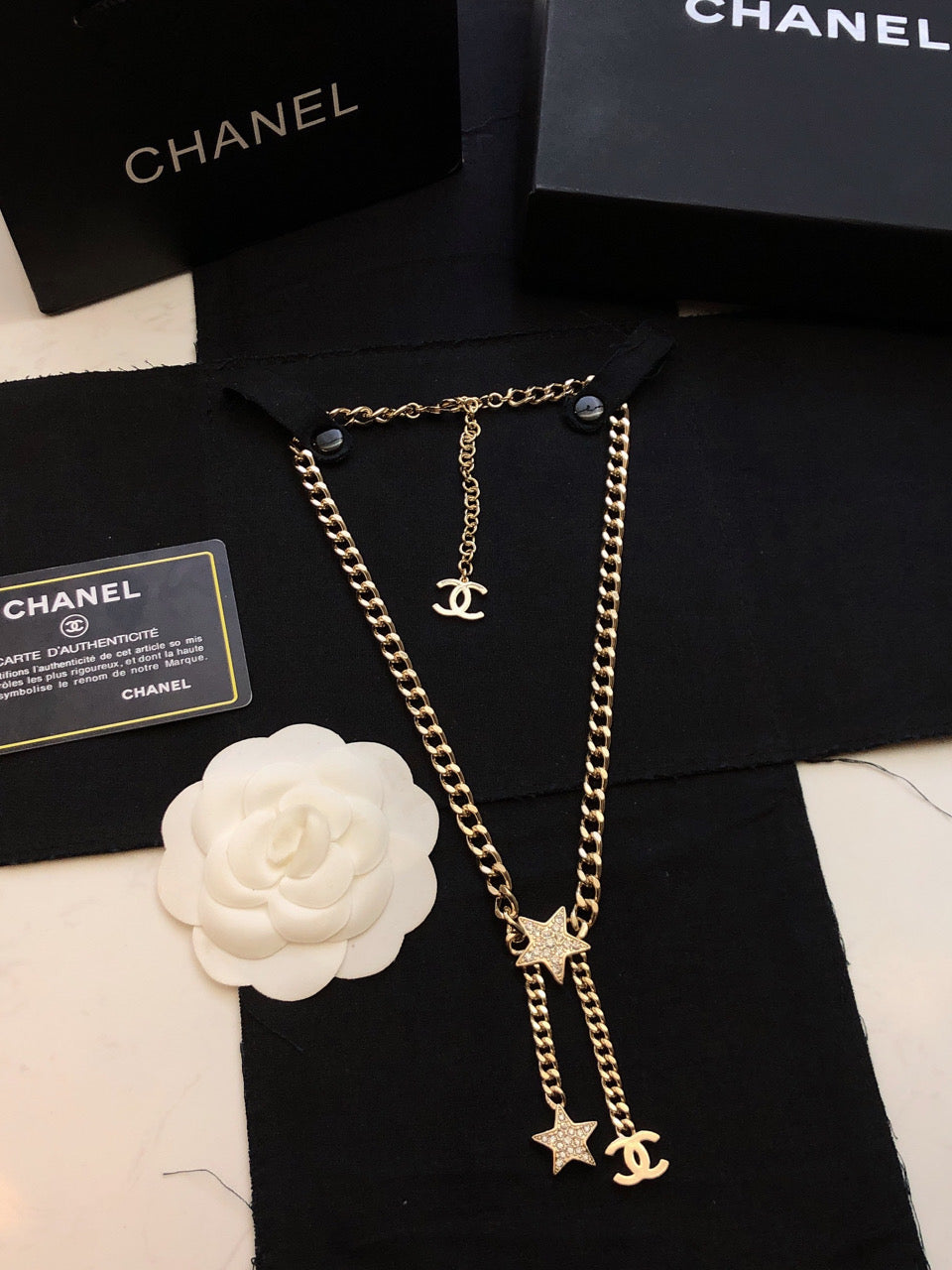 Chanel Rhinestone Star Chain 18K Gold Necklace
