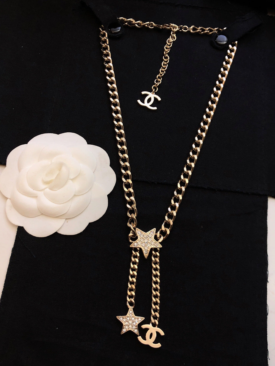 Chanel Rhinestone Star Chain 18K Gold Necklace