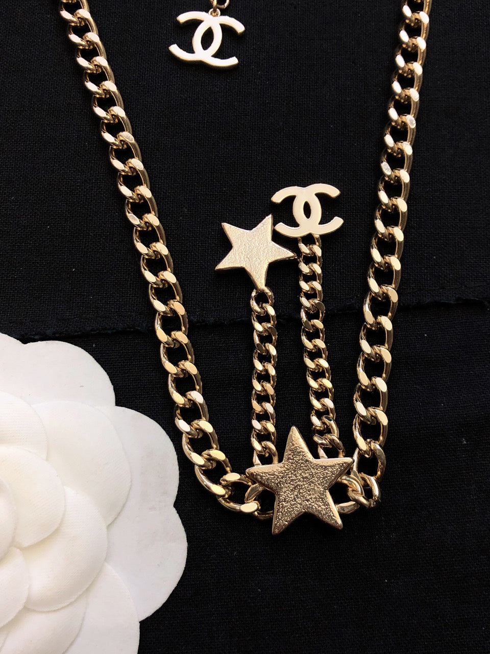 Chanel Rhinestone Star Chain 18K Gold Necklace