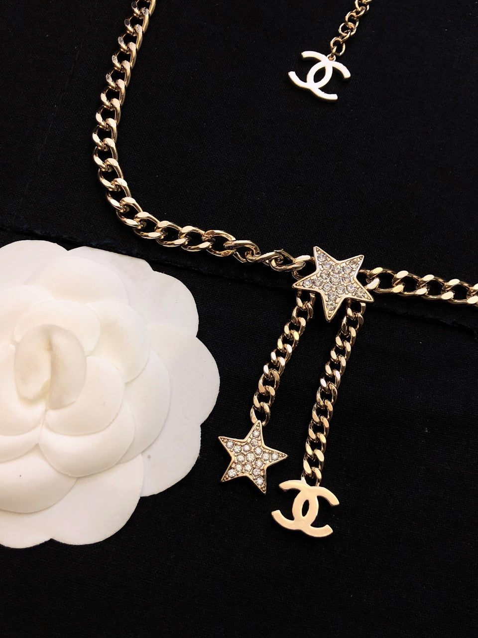 Chanel Rhinestone Star Chain 18K Gold Necklace