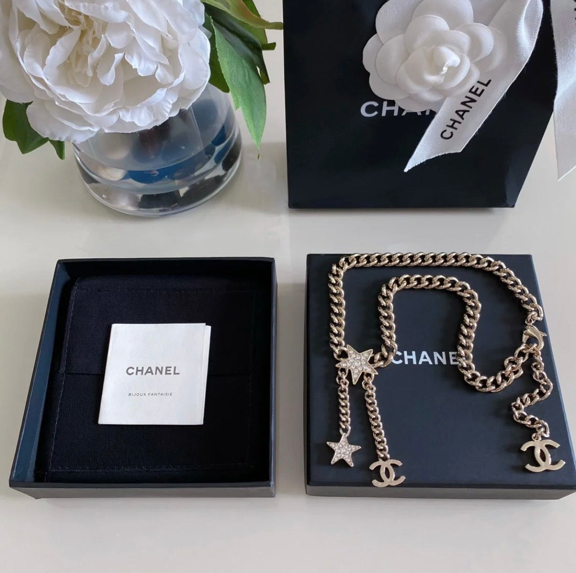 Chanel Rhinestone Star Chain 18K Gold Necklace