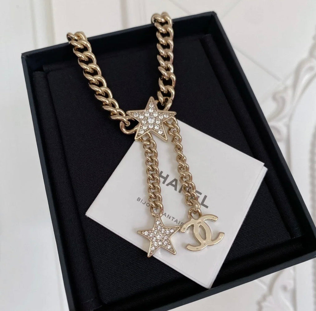 Chanel Rhinestone Star Chain 18K Gold Necklace