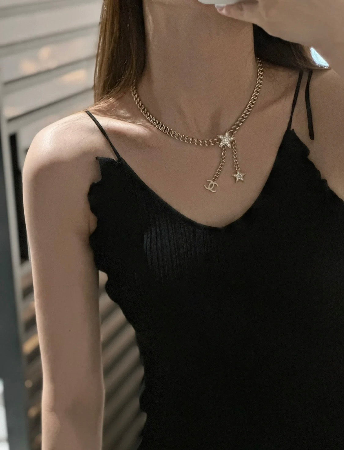 Chanel Rhinestone Star Chain 18K Gold Necklace