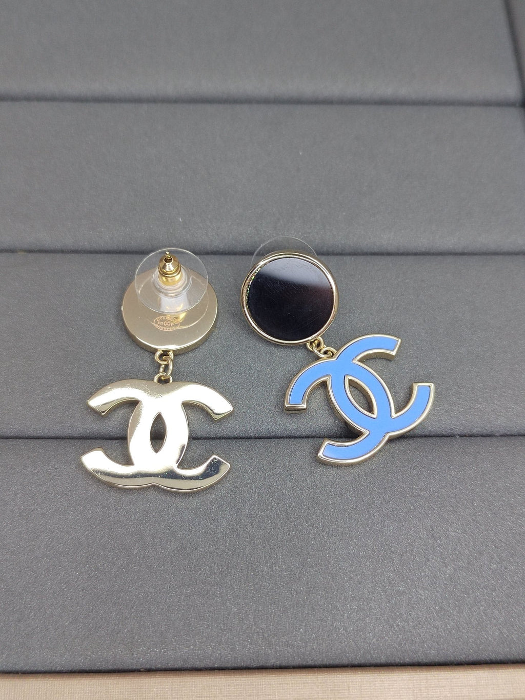 Chanel Classic Blue Dangle 18K Gold Earrings