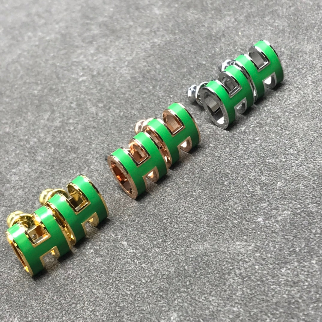 Hermes Mini Pop Green 18K Gold Earrings