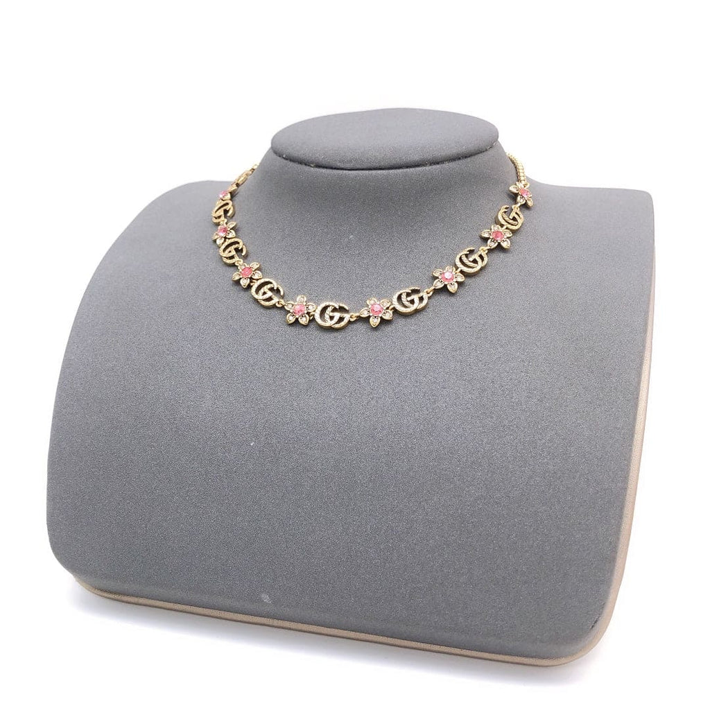 Gucci Double Interlocking Gucci Red Flowers 18K Gold Necklace