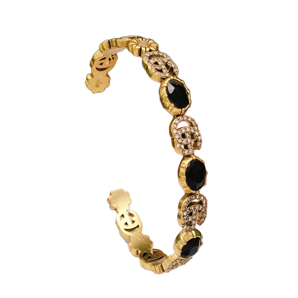 Gucci Double Flowers Black Crystals Open Cuff 18K Gold Bracelet